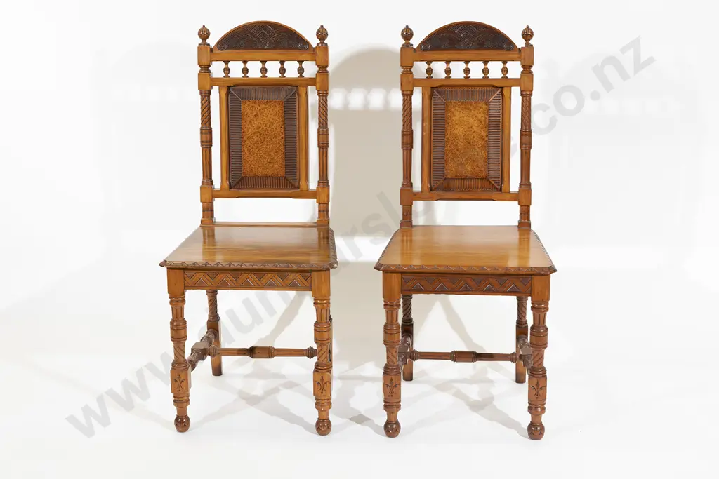 Rare Pair Of NZ Colonial Plain & Mottled Kauri Hall Chairs Image 1++