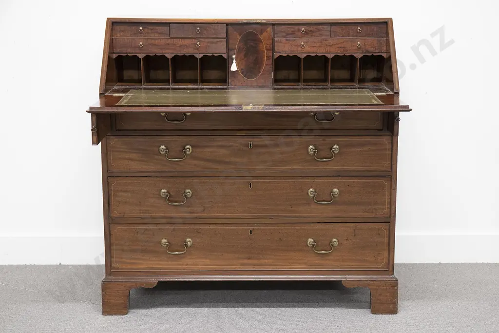 Geo III Mahogany & Inlaid Bureau Image 1++