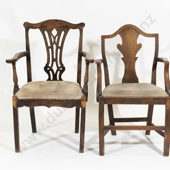 Two Geo III Country Oak & Elm Open Elbow Chairs