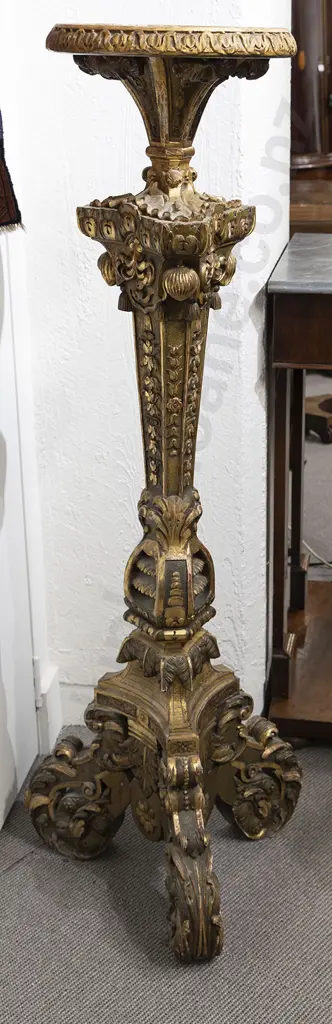 C19th Ornately Carved Italian Parcel Gilt Torchere Image 1++
