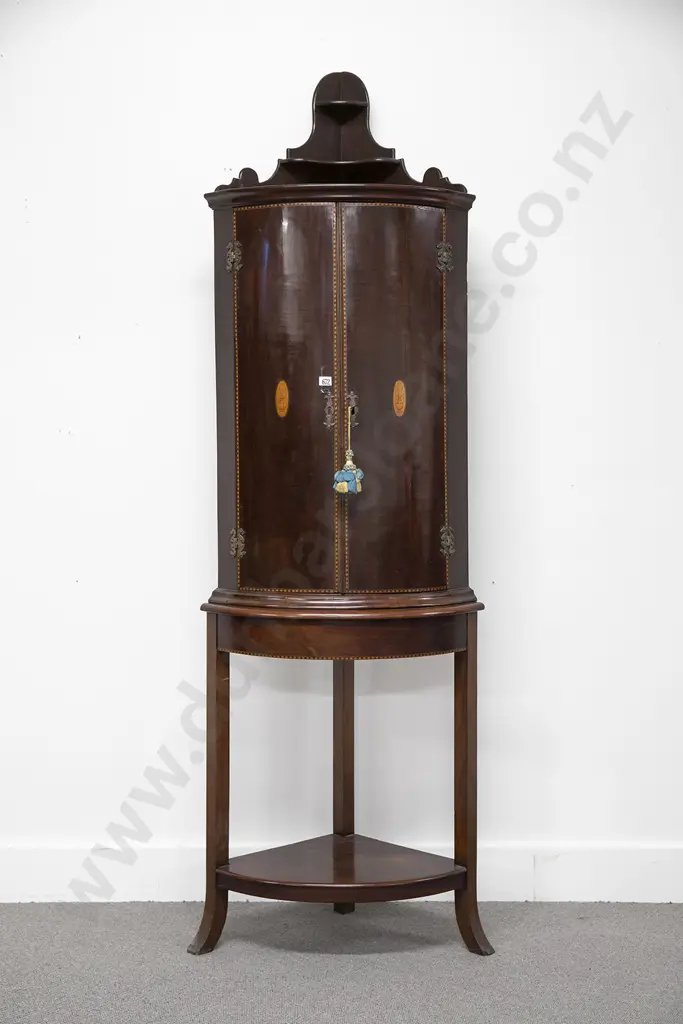 George III Mahogany Bow Front Corner Cupboard on Stand Image 1++