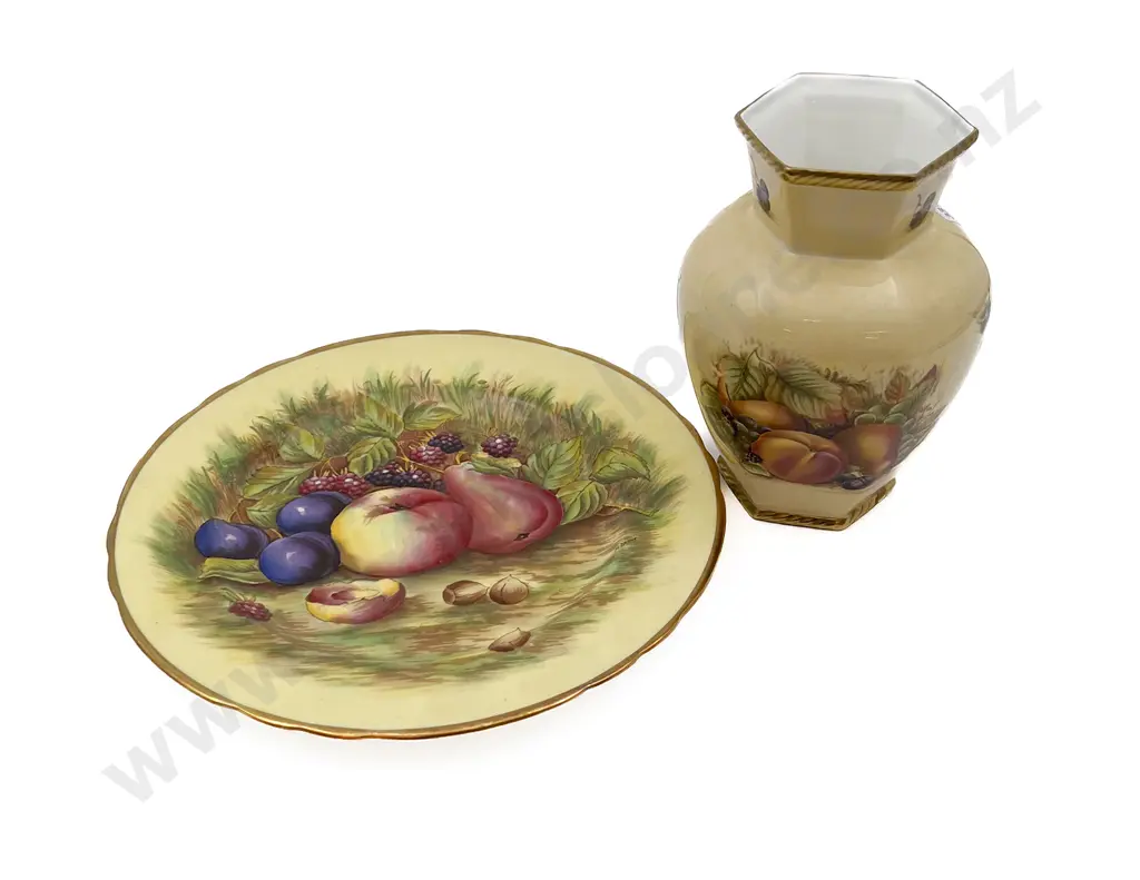 Aynsley "Orchard Gold" Vase Together with Aynsley Fruit Decorated Plate and Art Glass Vase Image 1++