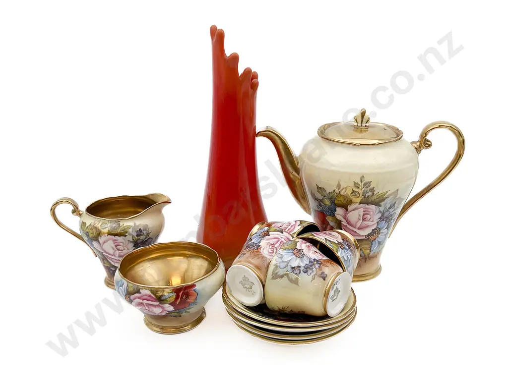 Aynsley Floral Decorated Coffee Set Together with Art Glass Vase Image 1++
