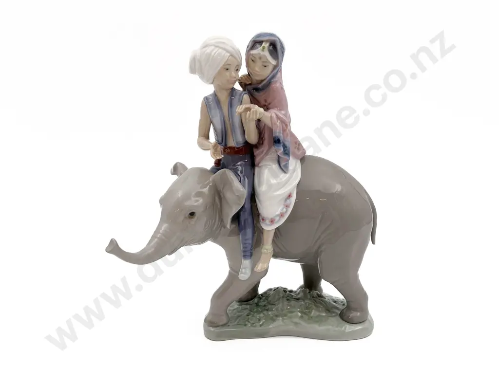 Lladro Figure Group of Two Children on Elephant Image 1++