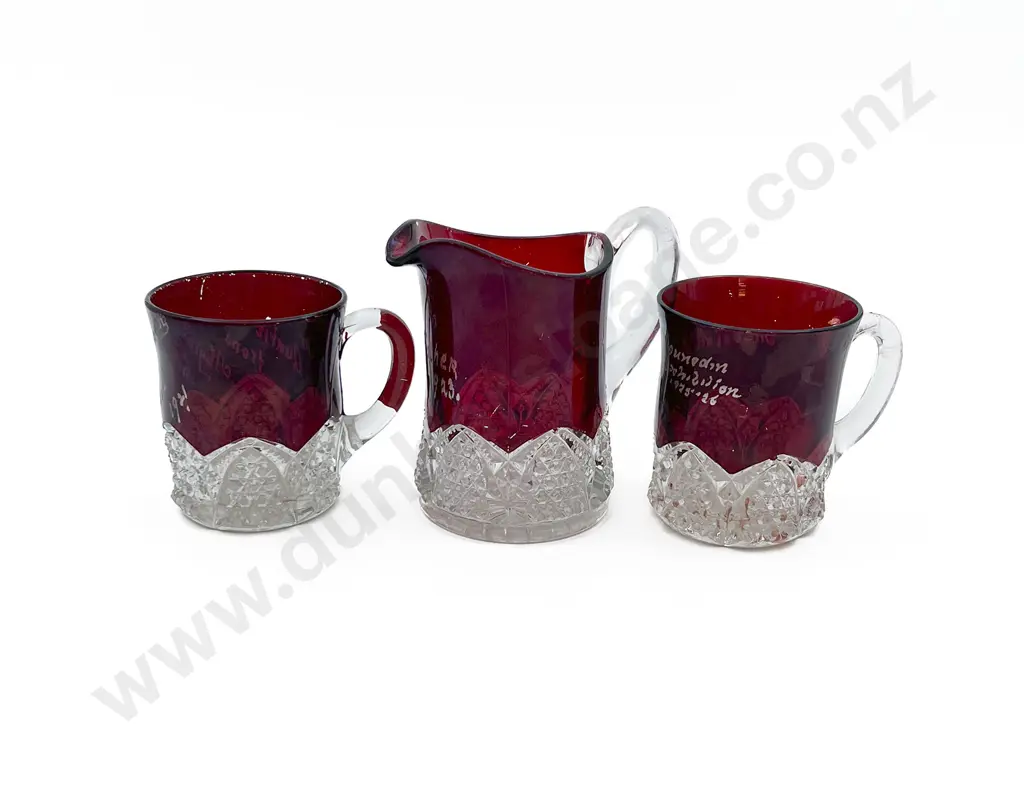 Two Ruby Flashed Glass Cups Together with Matching Jug Image 1++