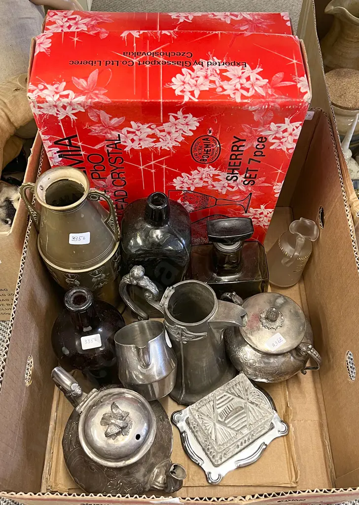 Box of Assorted Including Silver Plate with Glass Bottles Etc Image 1++