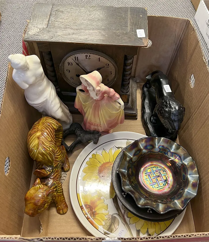 Box of Assorted Including Figures with Ornament and Vintage Mantle Clock Image 1++