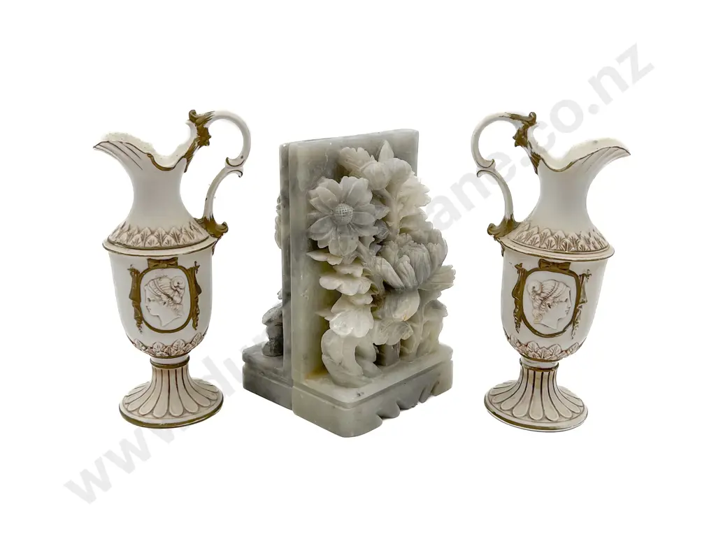 Pair of Hardstone Bookends Together with Pair of China Ewers Image 1++