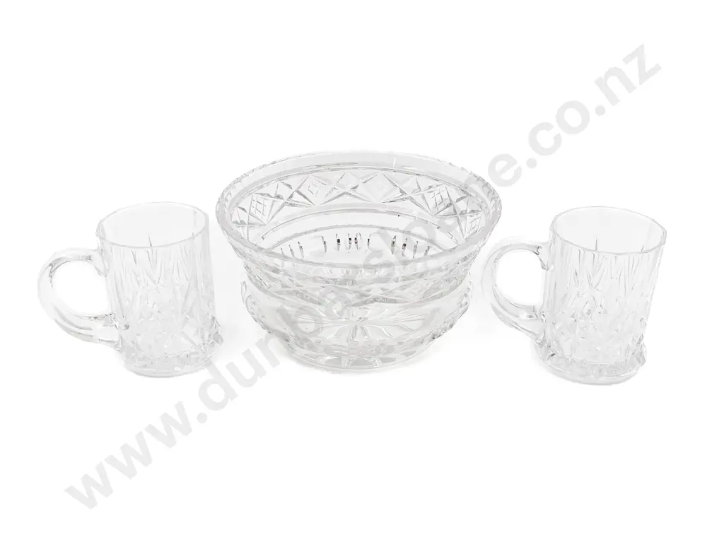 Crystal Fruit Bowl Together with Pair of Glass Tankards Image 1++