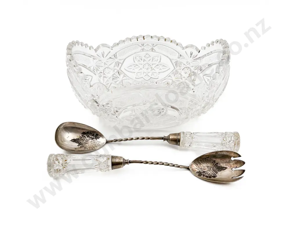 Pressed Glass Fruit Bowl Together with Pair of Salad Servers Image 1++