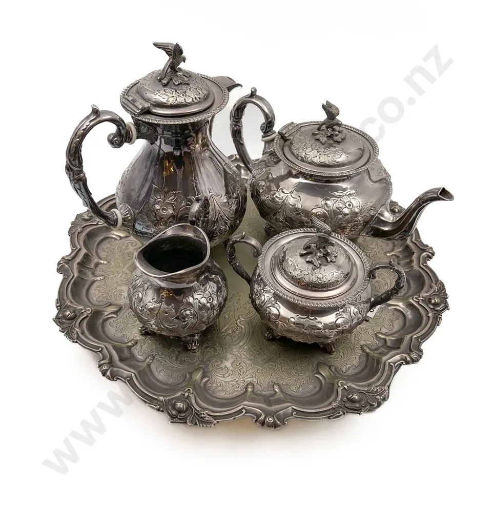 Four Piece S/P Tea Set on Plated Salver Image 1++