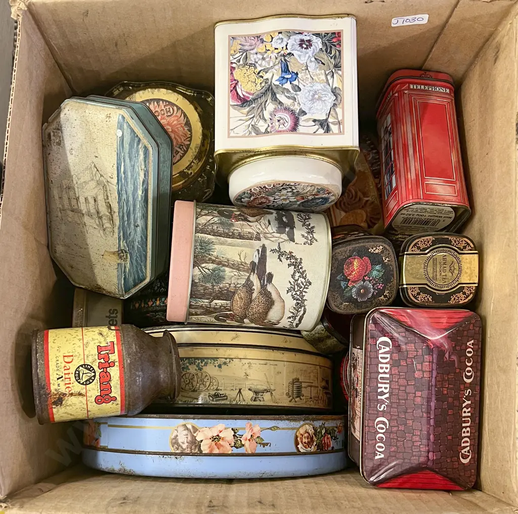 Box of Assorted Vintage Tins Image 1++