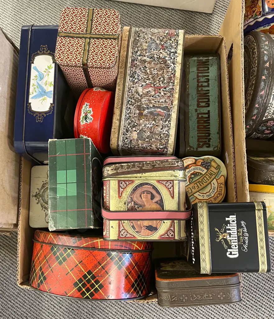 Box of Assorted Vintage Tins Image 1++