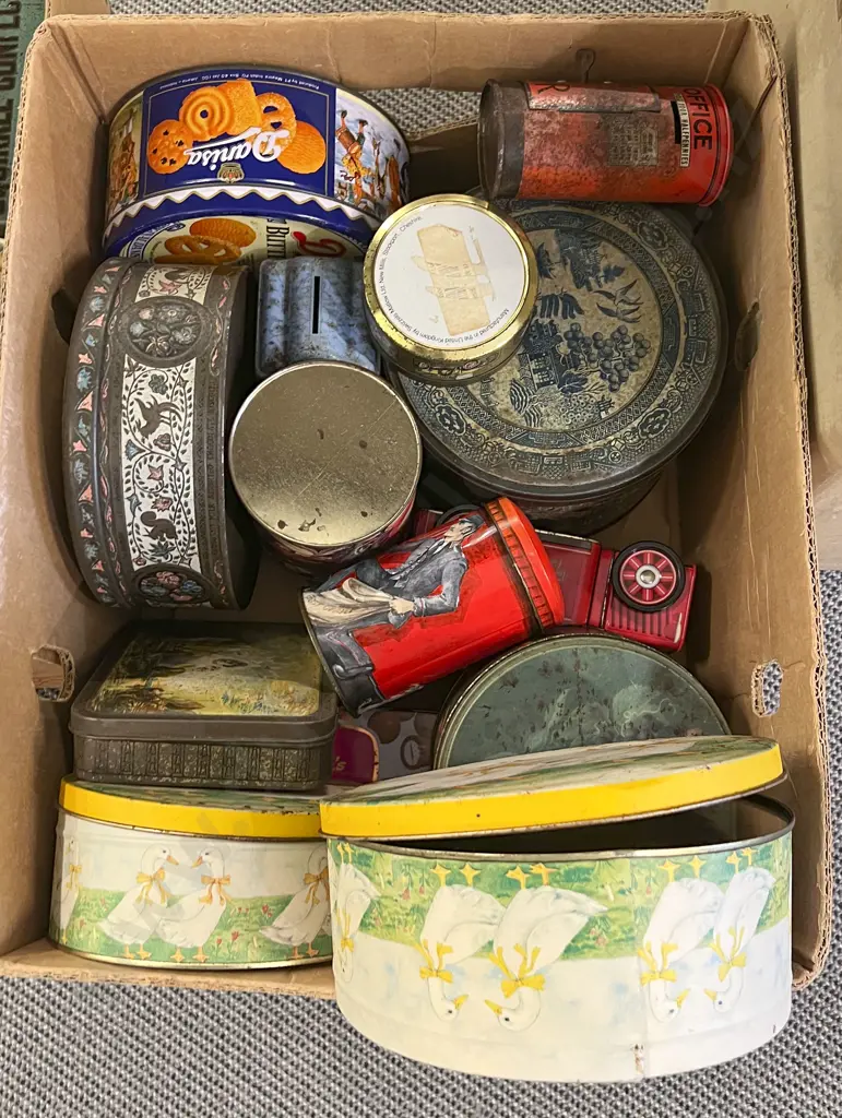 Box of Assorted Vintage Tins Image 1++