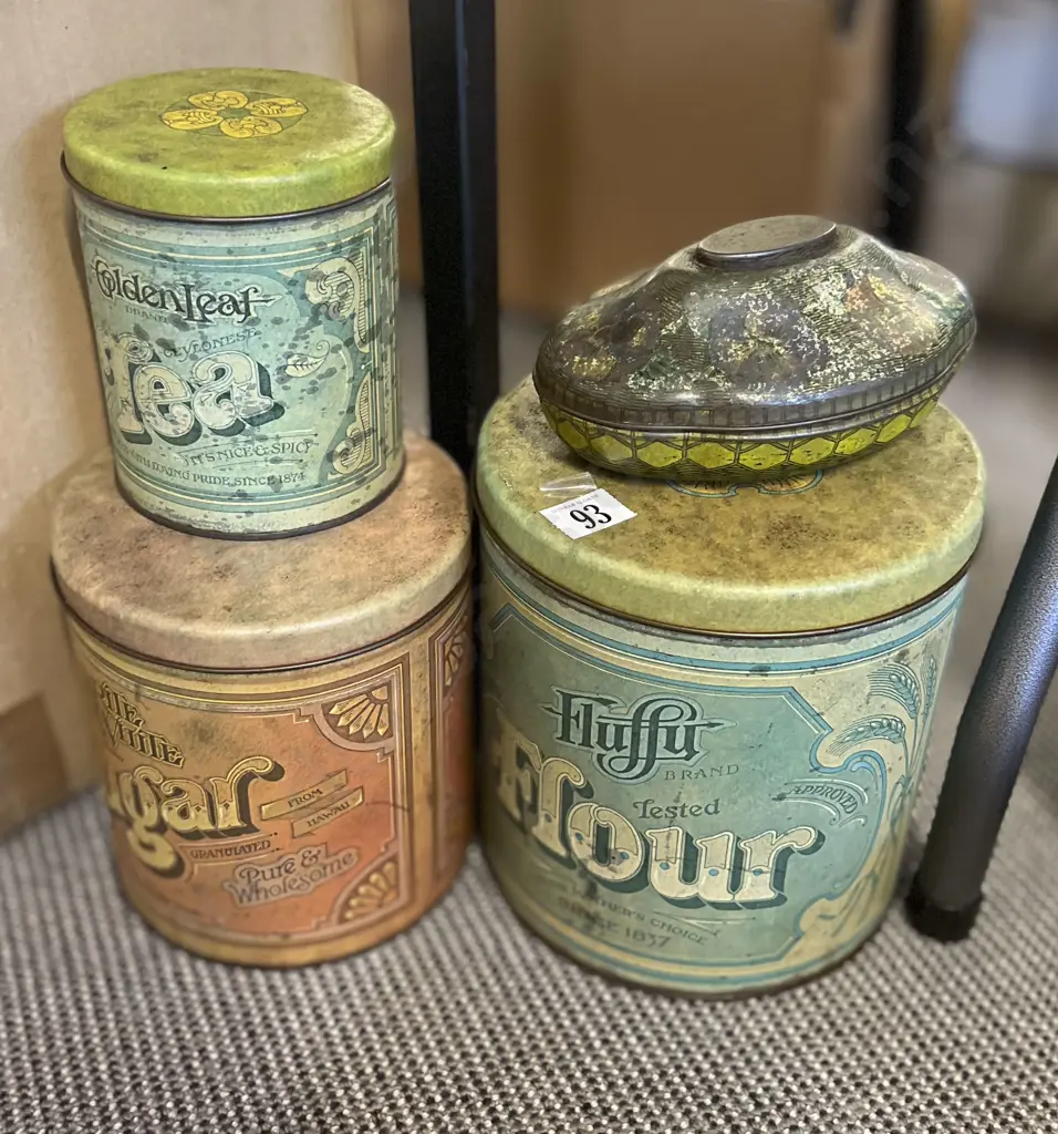 Five Assorted Vintage Tins Including "Fluffy Flour" and "Sunshine Coffee" Image 1++