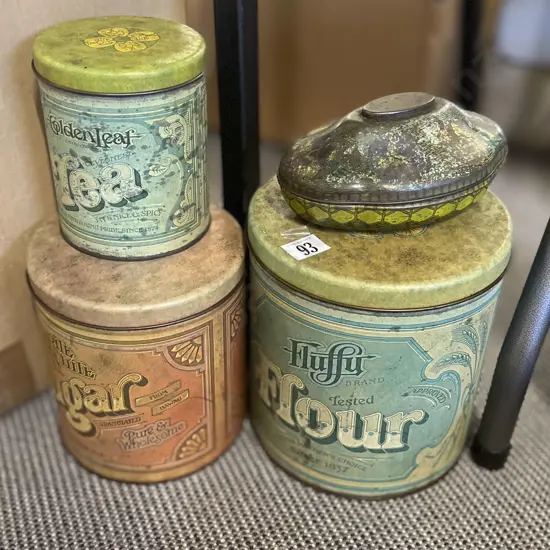 Five Assorted Vintage Tins Including "Fluffy Flour" and "Sunshine Coffee"