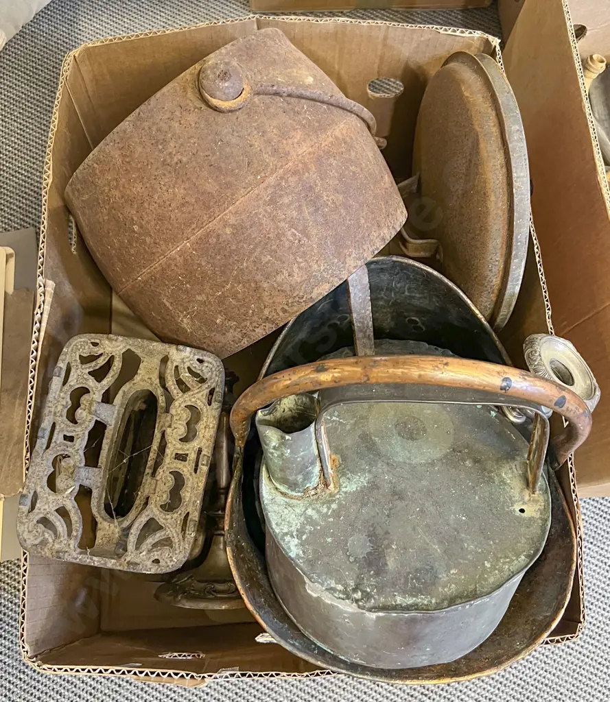 Box of Assorted Vintage Metal Ware Including Copper Coal Bucket Etc Image 1++