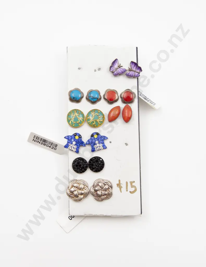 Eight Pair S/S Enamel and Crystal Stud Earrings Image 1++