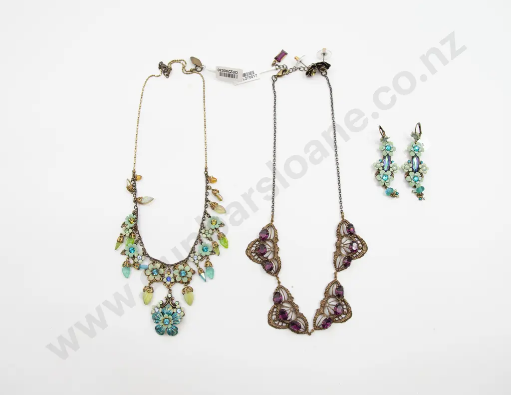 Two Metal Crystal and Enamel Pendant Necklaces and Two Pair Earrings Image 1++