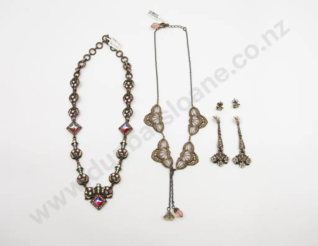 Two Metal Crystal and Enamel Pendant Necklaces and Two Pair Earrings Image 1++
