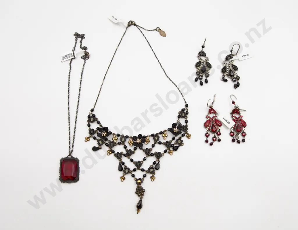 Two Metal Crystal and Enamel Pendant Necklaces and Two Pair Earrings Image 1++