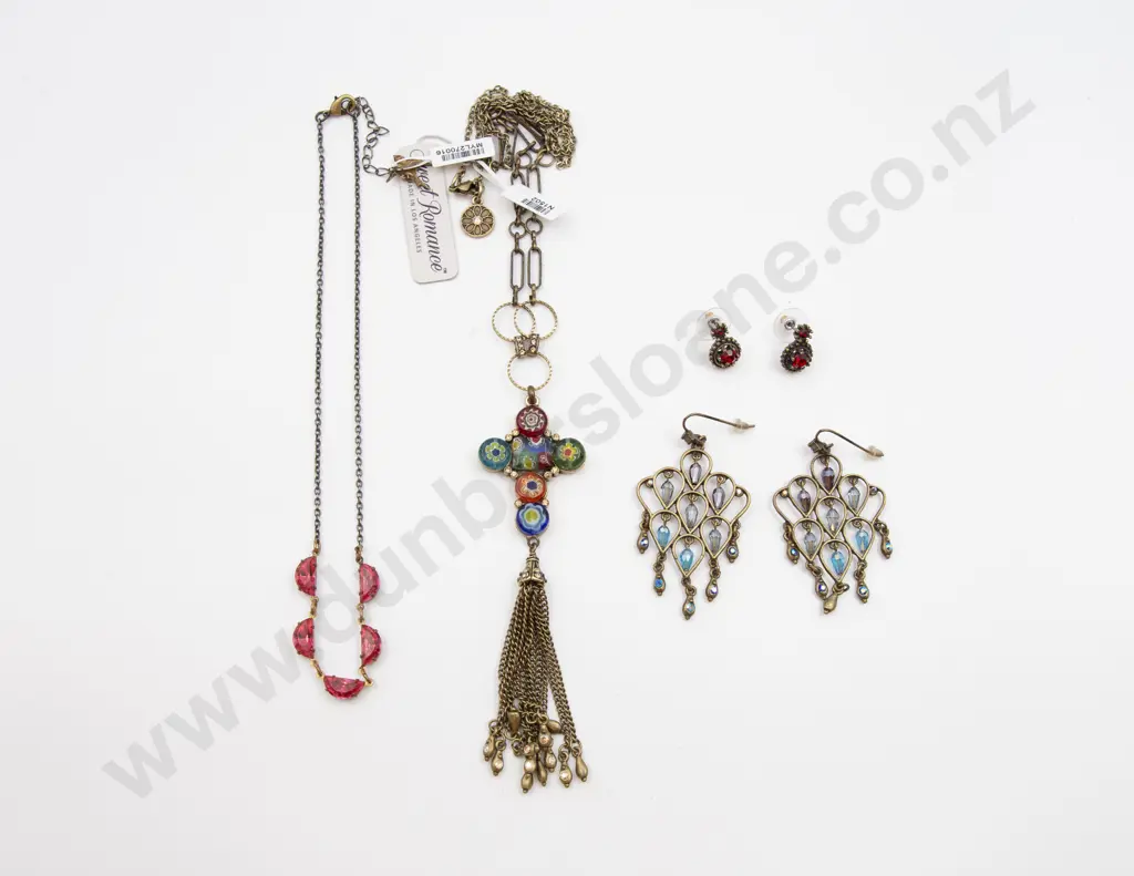 Two Metal Crystal and Enamel Pendant Necklaces and Two Pair Earrings Image 1++