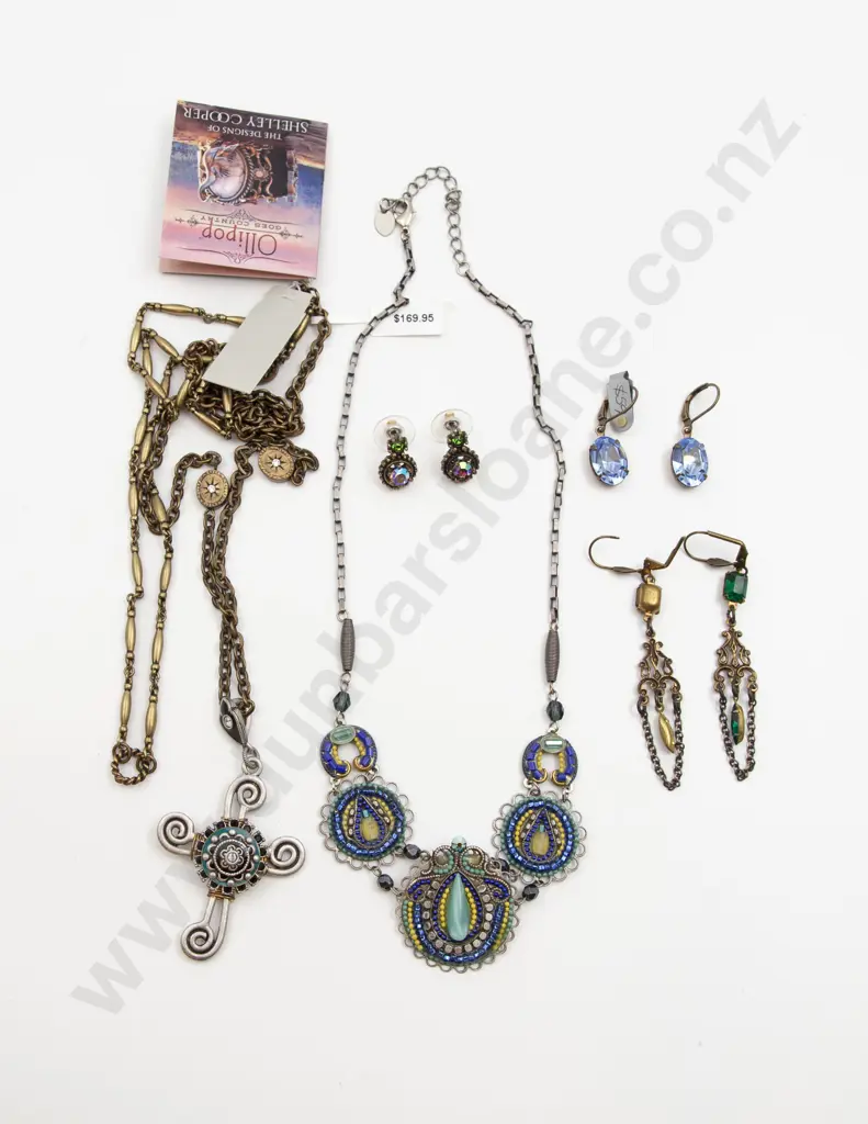 Two Metal Crystal and Enamel Pendant Necklaces and Three Pair Earrings Image 1++