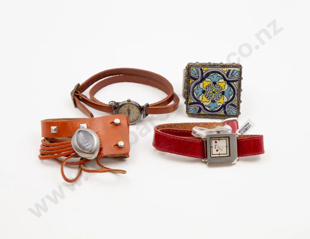 Metal and Tile Bangle and three watches on leather straps Image 1++
