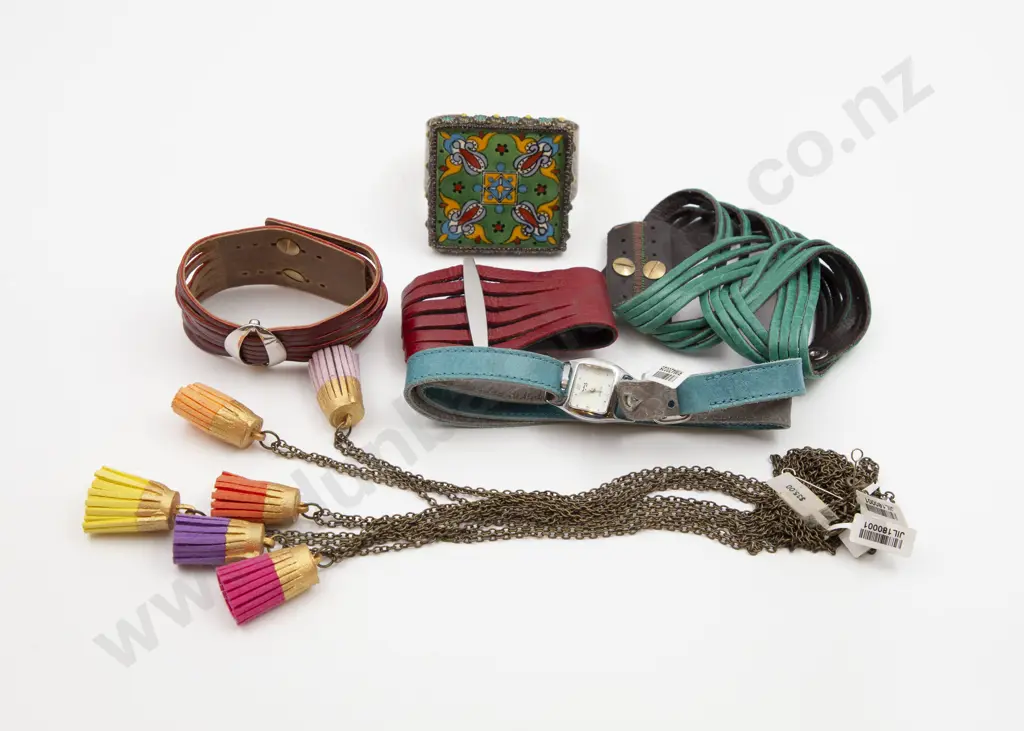 Metal and Tile Bangle and four leather wrist straps and tassel pendants Image 1++