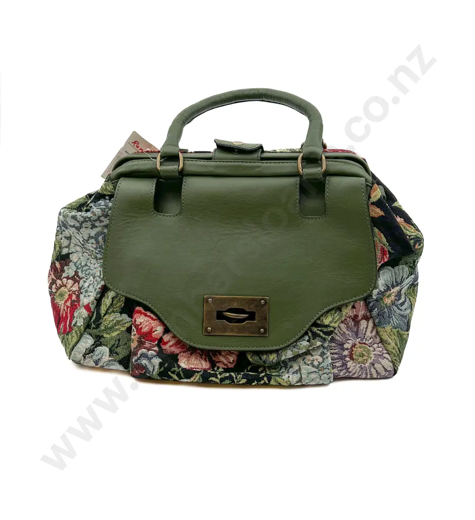 Made in Italy Green Leather and Tapestry Brocade Shopper Tote Bag Image 1++