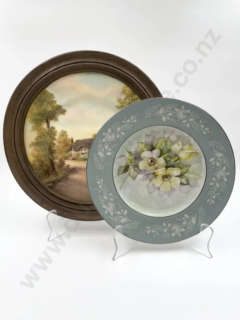 Framed Royal Worcester Cottage Scene Plate Together With Royal Worcester Floral Plate Image 1++