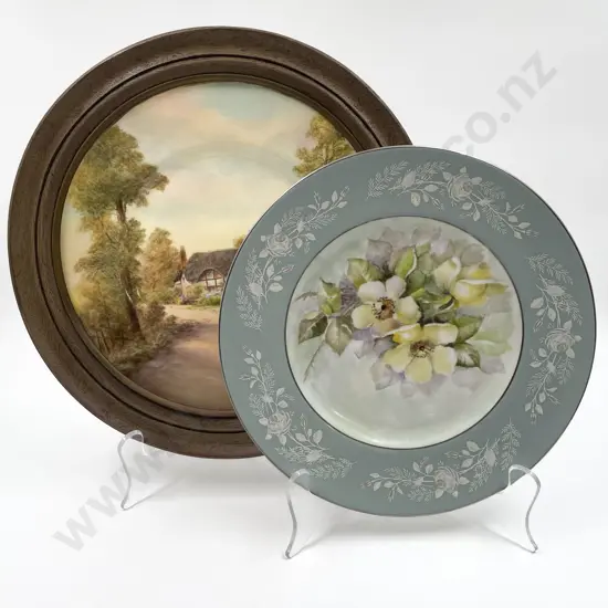 Framed Royal Worcester Cottage Scene Plate Together With Royal Worcester Floral Plate