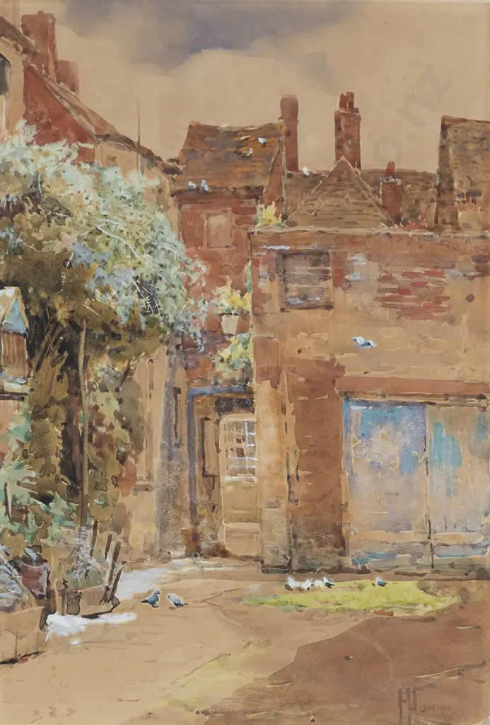 Frances Hodgkins (1869-1947) - European Countryside Courtyard with Pigeons Image 1++