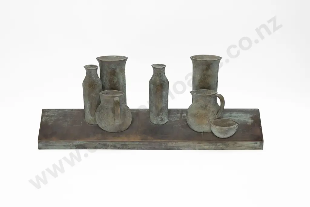 Terry Stringer (b 1946) - Untitled (two jugs two bottles two vases one bowl on shelf) 1986 Image 1++