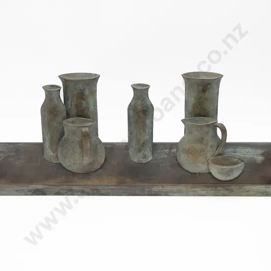 Terry Stringer (b 1946) - Untitled (two jugs two bottles two vases one bowl on shelf) 1986