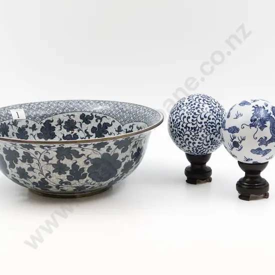 Chinese Blue and White Fruit Bowl Together with Two Carpet Balls