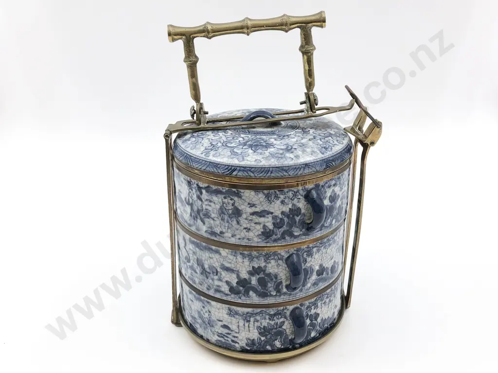Chinese Blue and White Ceramic Circular Lunch Boxes with Brass Bindings Image 1++
