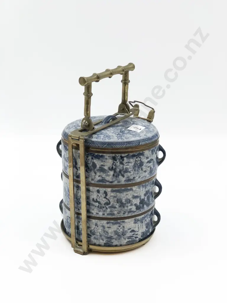 Chinese Blue and White Ceramic Circular Lunch Boxes with Brass Bindings Image 1++