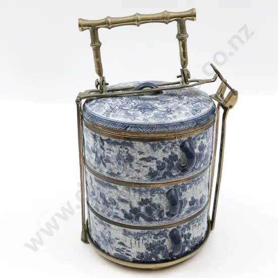 Chinese Blue and White Ceramic Circular Lunch Boxes with Brass Bindings