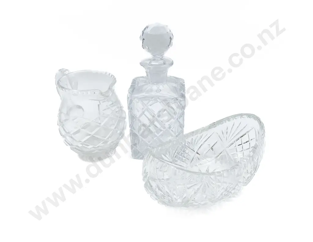 Cut Glass Decanter Together with Crystal Jug and Oval Bowl (Faults) Image 1++