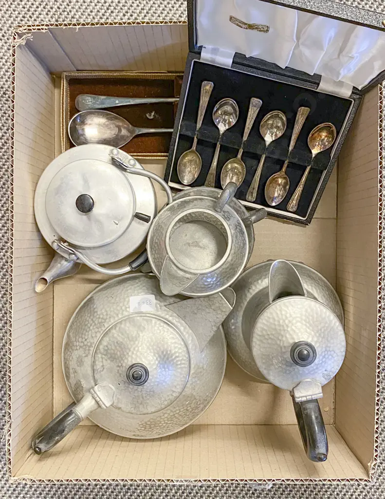 Box of Assorted Including Four Piece Pewter Coffee Set and Boxed Cutlery Image 1++