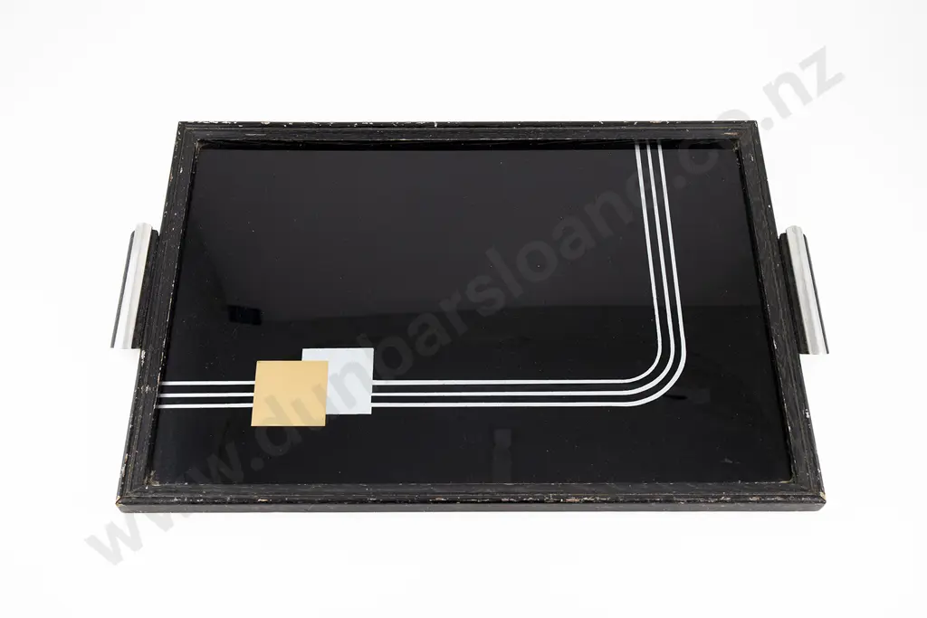 Art Deco Period Tray with Black Vitrolite Glass and Chrome Handles Image 1++