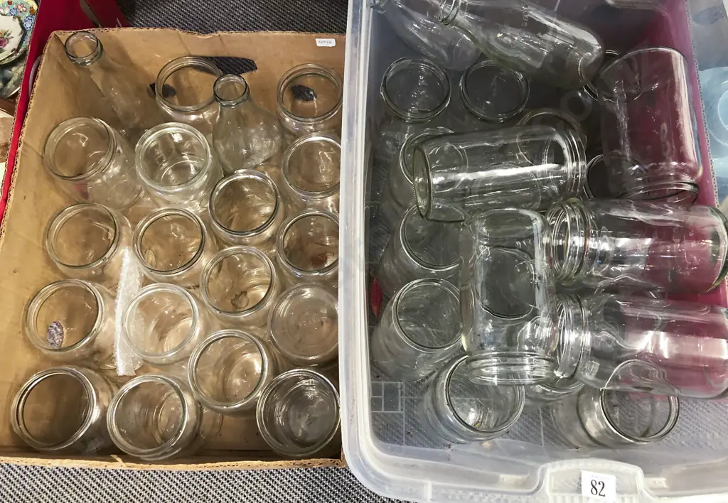 Two Boxes of Assorted Preserving Jars and Milk Bottles etc Image 1++