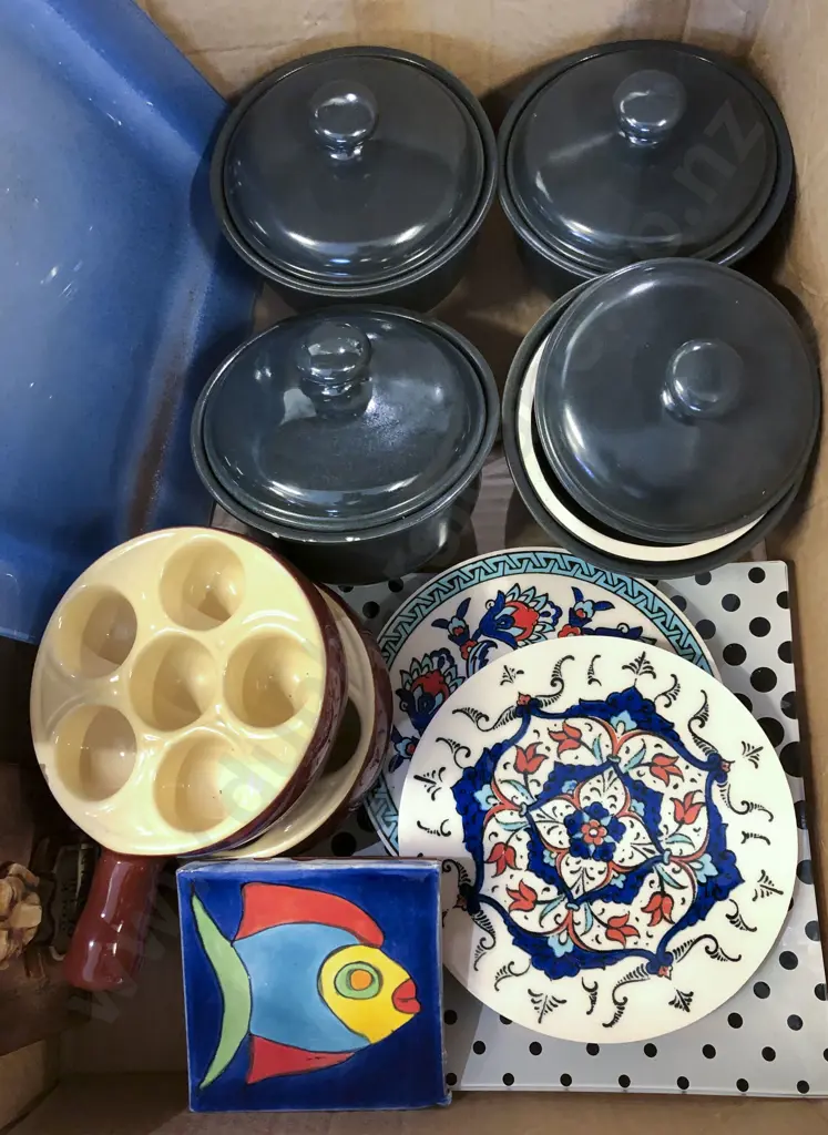 Box of Assorted Kitchen Crockery and Decorative Tiles etc Image 1++