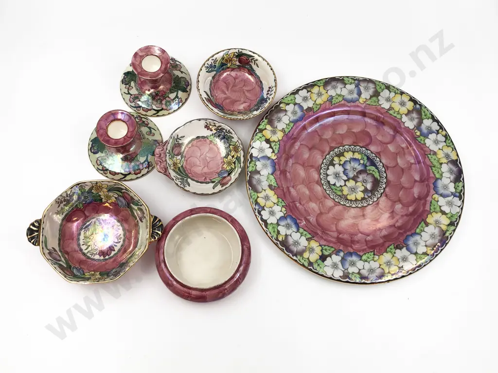 Seven Pieces of Assorted Maling Including Pair of Candleholders Image 1++