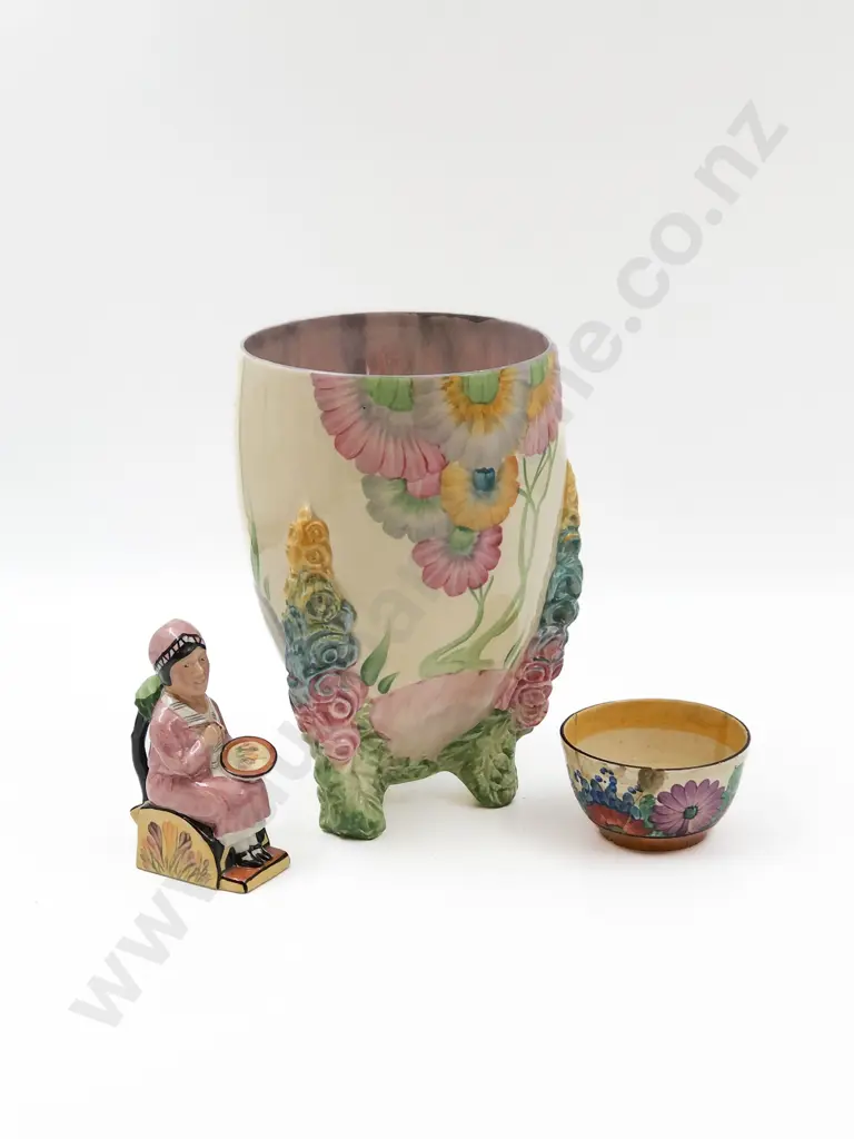 Clarice Cliff Floral Vase Together with Mini Clarice Cliff Jug and Other Sugar Bowl (Faults) Image 1++