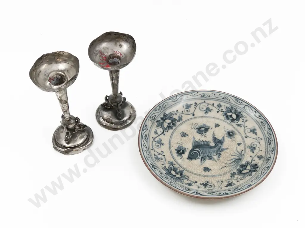 Two S/S Specimen Vases with Blue & White Plate Image 1++