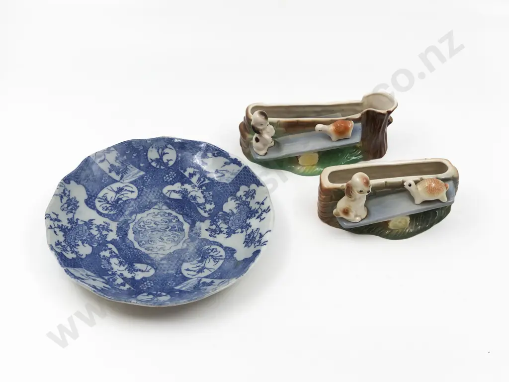 Two Hornsea Decorative Flower Troughs & Blue and White Plate Image 1++
