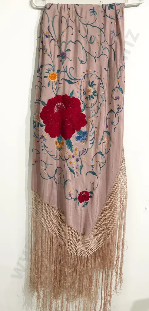 Edwardian Satin Silk Embroided Floral Shawl Image 1++