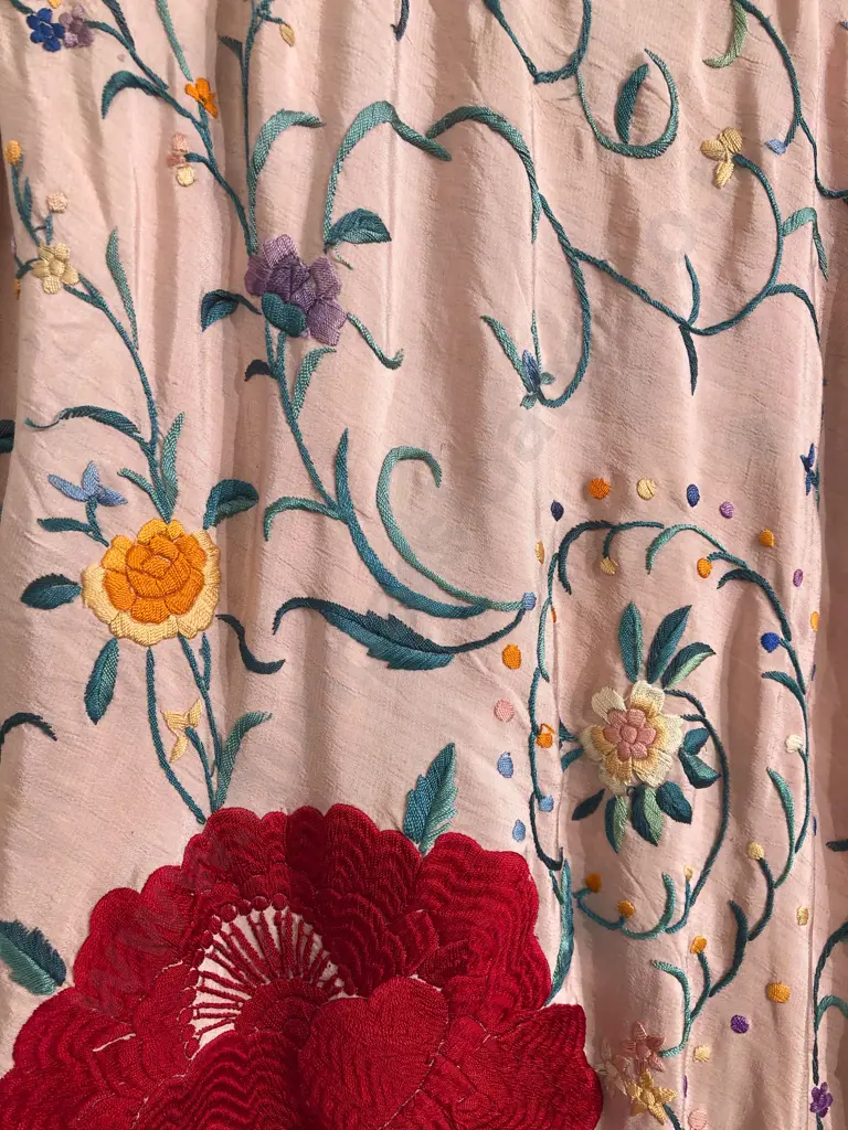 Edwardian Satin Silk Embroided Floral Shawl Image 1++